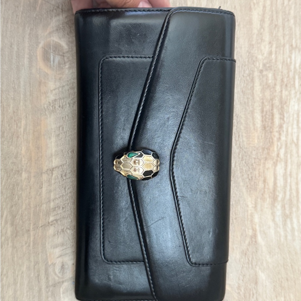Bulgari Black Leather Wallet with Gold Accent